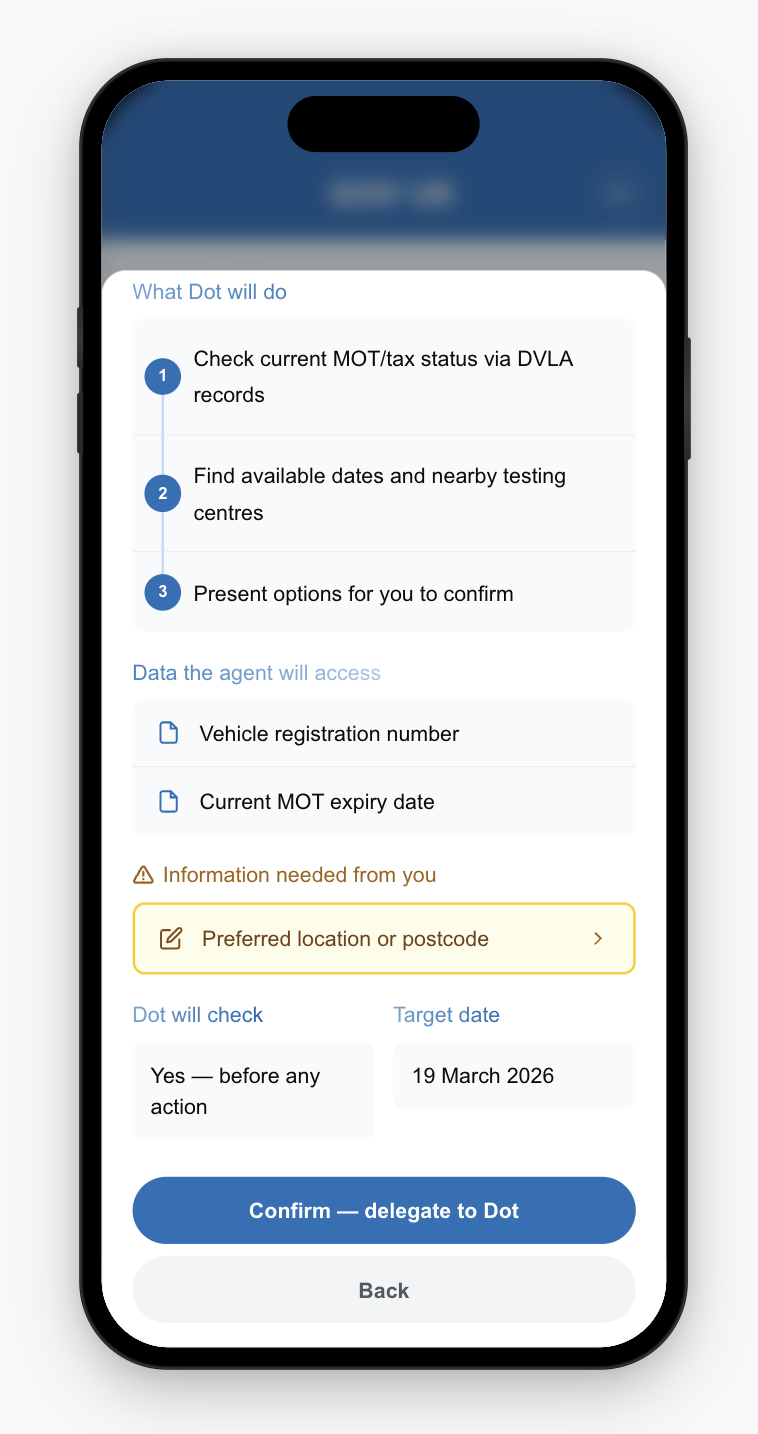 Agent brief with confirm delegation button