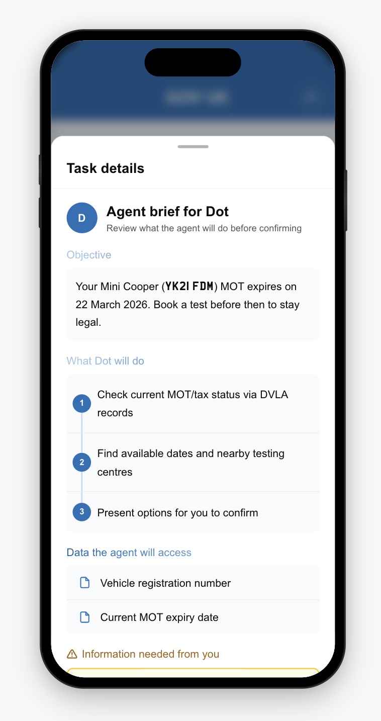Agent brief showing objective, steps, and data access