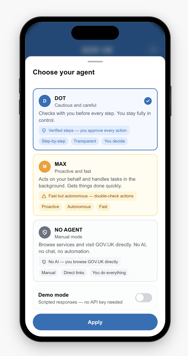 Agent selector showing Dot, Max, and No Agent options