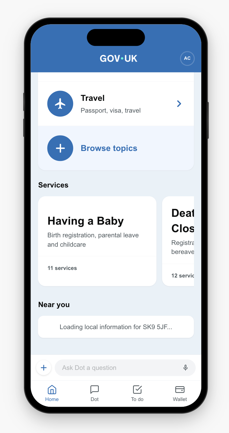 Plan-based browsing: services carousel showing Having a Baby and Death of Someone Close