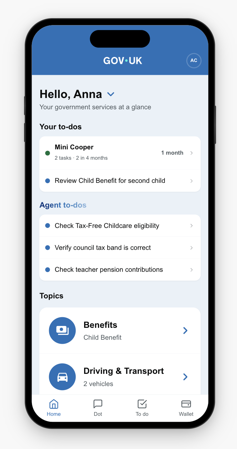 Home screen showing to-dos, agent tasks, topics, and services