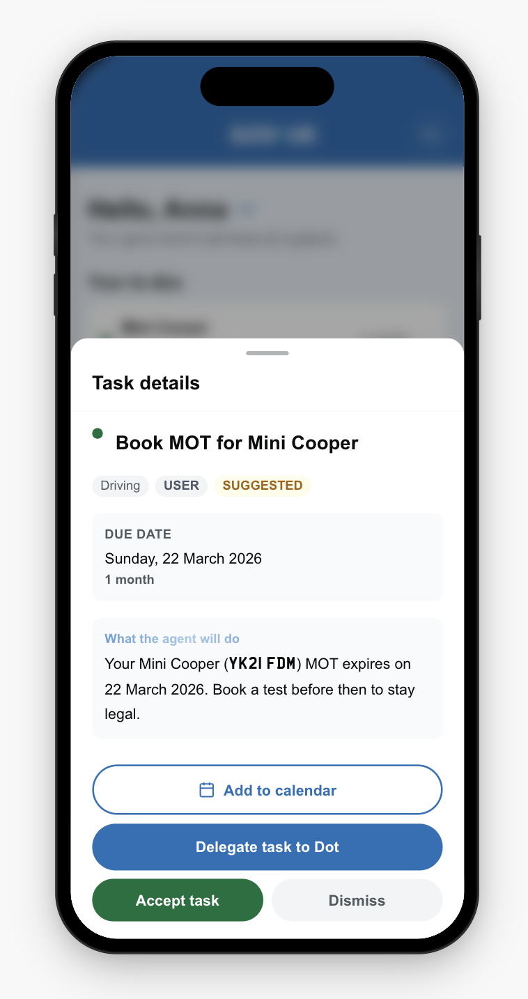 Task detail card showing title, due date, agent steps, and action buttons