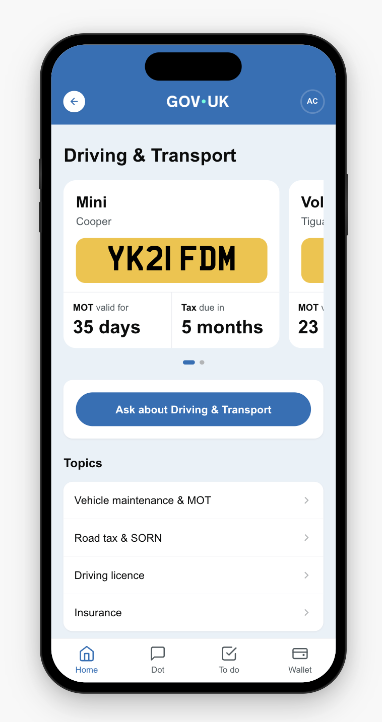 Driving & Transport topic page with vehicle data cards