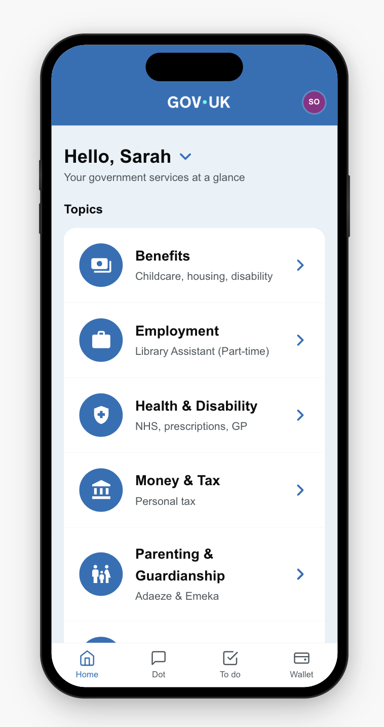 Sarah's home screen scrolled to show services carousel