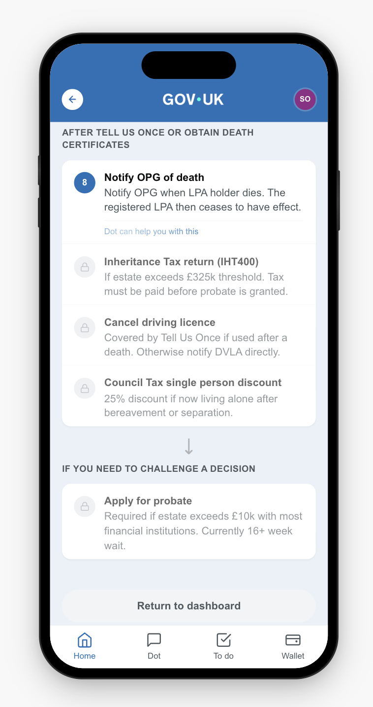 Register the death service expanded with eligibility info and start button