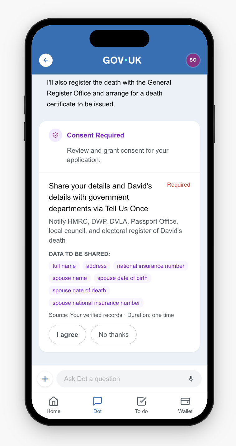 Consent card showing departments and data to be shared