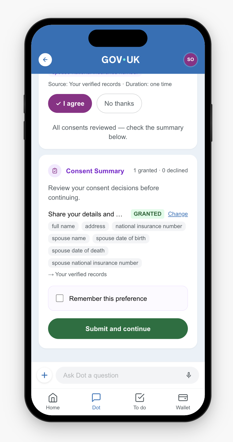 Preferences card for data sharing preferences