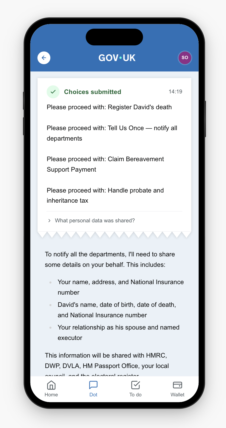 Receipt card with timestamps and data sharing link