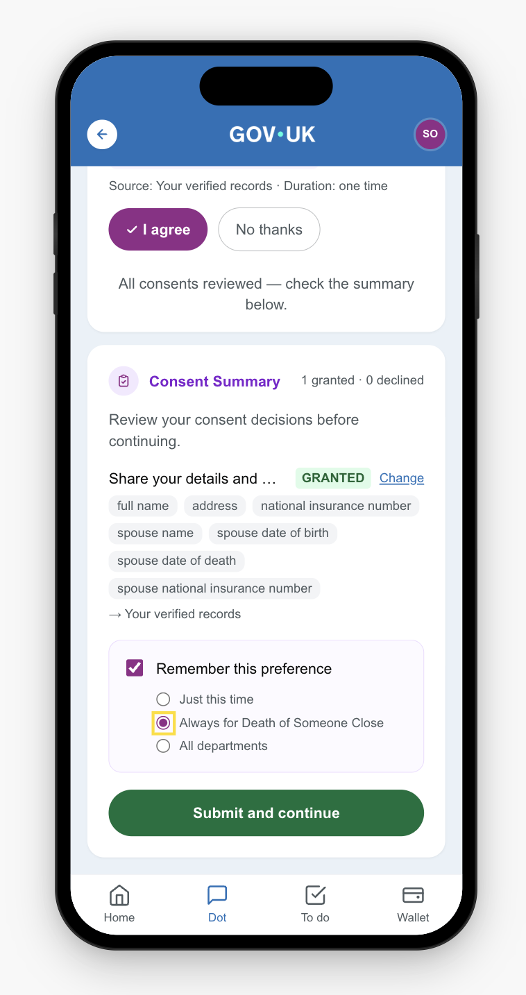 Terms selector for consent scope