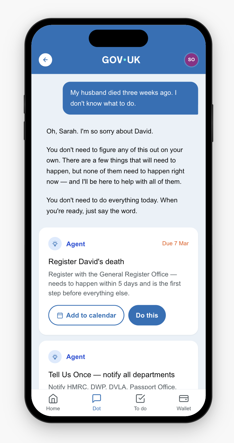 Conversational triage: Sarah describes her bereavement and the agent identifies services